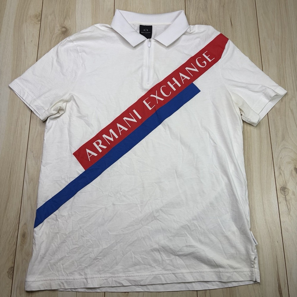 Armani Exchange Logo Design 1/4 Zip Polo Shirt Mens Large White